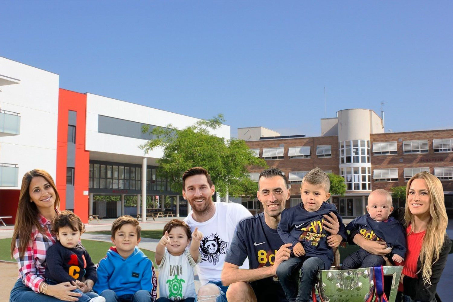 Fotomontaje del British School of Barcelona con las familias de los jugadores del Barça Leo Messi y Sergio Busquets