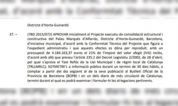 Aprobación del proyecto ejecutivo de la reforma del Palacio del Marquès d'Alfarràs detallada en el acta de la comisión del gobierno del 22 de abril / AJUNTAMENT DE BARCELONA