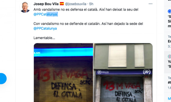 Captura de pantalla del tuit de Josep Bou tras el ataque a la sede del PP / TWITTER