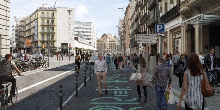 Imagen virtual de la calle Pelai tras la implantación del urbanismo táctico / AJ BCN