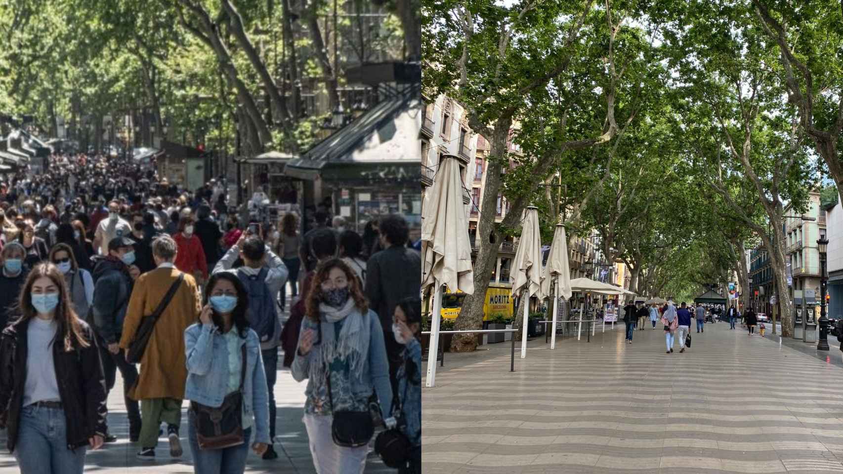 Contraste de la Ramba llena de barceloneses por Sant Jordi con la Rambla sin turistas / METRÓPOLI