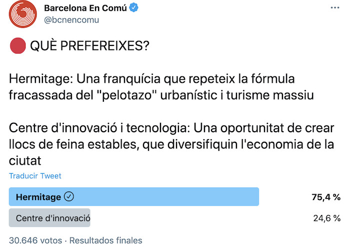 Tuit de Barcelona en Comú con la consulta sobre el Hermitage