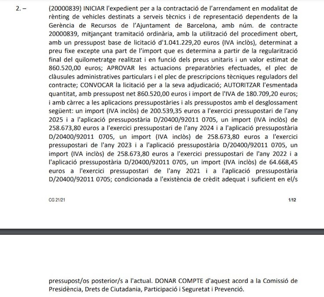 Texto de la comisión de gobierno con la licitación del renting / AYUNTAMIENTO DE BARCELONA