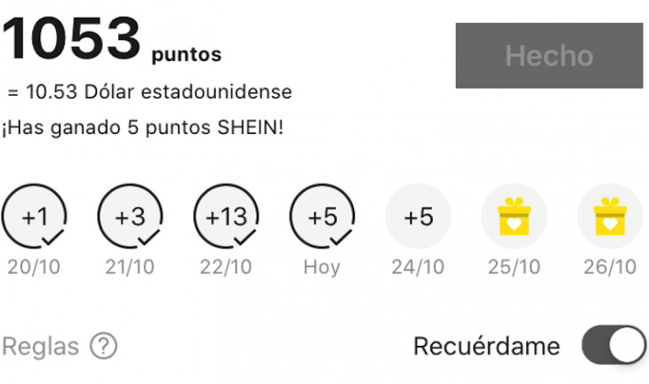 Listado de puntos en Shein, la plataforma para comprar ropa online