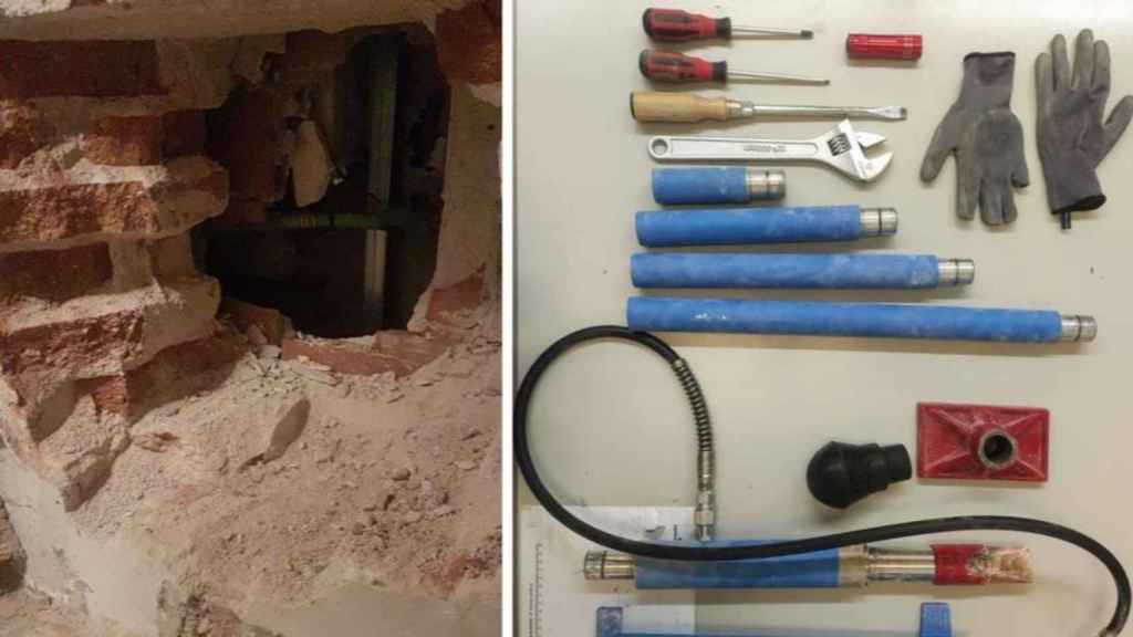 Agujero en la pared hecho por los asaltantes y herramientas utilizadas para el butrón / MOSSOS D'ESQUADRA