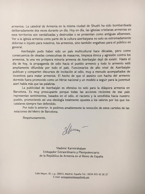 Carta del embajador al presidente del Metro de Barcelona / EMBAJADA ARMENIA EN ESPAÑA