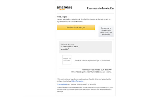 Aprobación de reembolso del importe que recibió Jordi Z.C. por parte de Amazon / CEDIDA