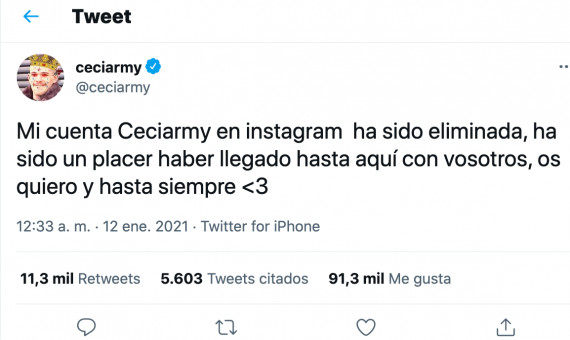 Mensaje de Ceciarmy para anunciar que le cerraban la cuenta / TWITTER