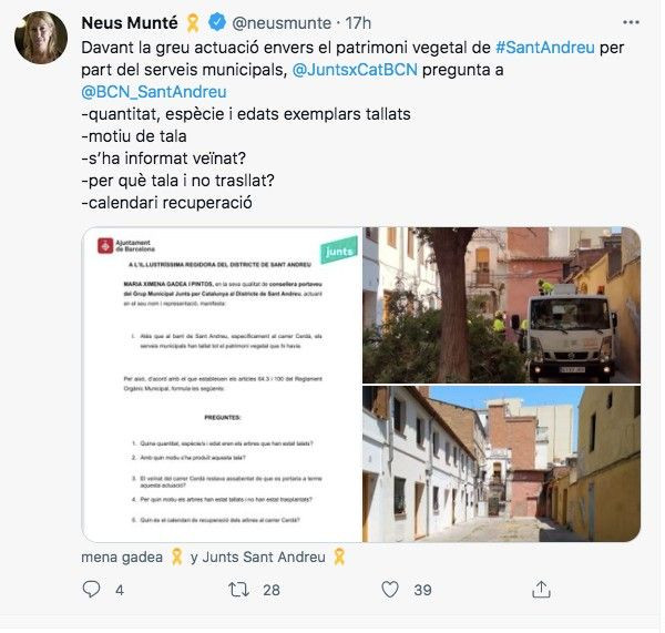 Tuit de Neus Munté (JuntsxCat) sobre la tala / TWITTER NEUS MUNTÉ