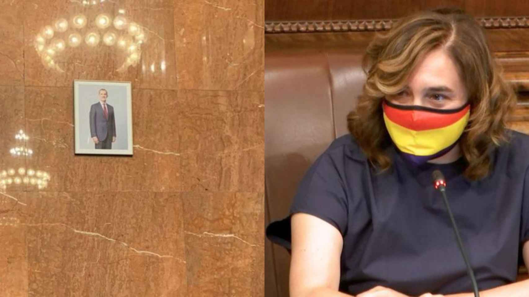 Imagen minúscula del Rey en el salón de plenos y Ada Colau con una mascarilla con la bandera de la República