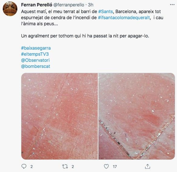 Ceniza del incendio de la Conca de Barberà en una terraza de Sants / TWITTER @ferranperello