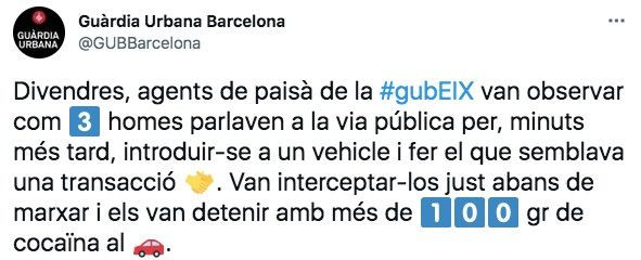 Tuit de la Guardia Urbana sobre la cocaína interceptada / TWITTER GUB