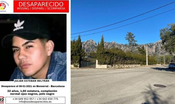 Cartel de la desaparición de Julián Beltrán (izquierda) y el lugar donde fue visto por última vez (derecha) / SOS DESAPARECIDOS