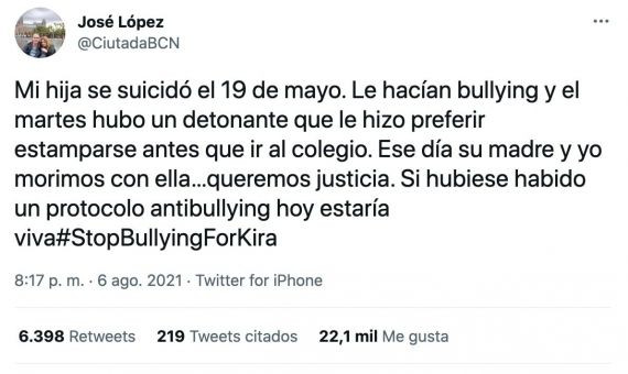 Tweet de denuncia de José López, el padre de Kira / RRSS