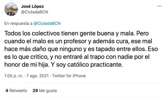 Tweet de José López, el padre de Kira, contra un profesor de la escuela / RRSS