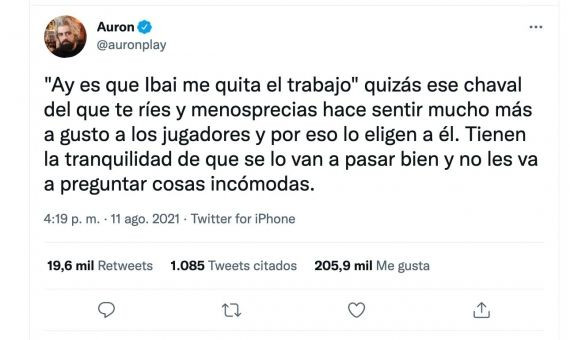 Tuit en el que AuronPlay defiende a Ibai Llanos / TWITTER