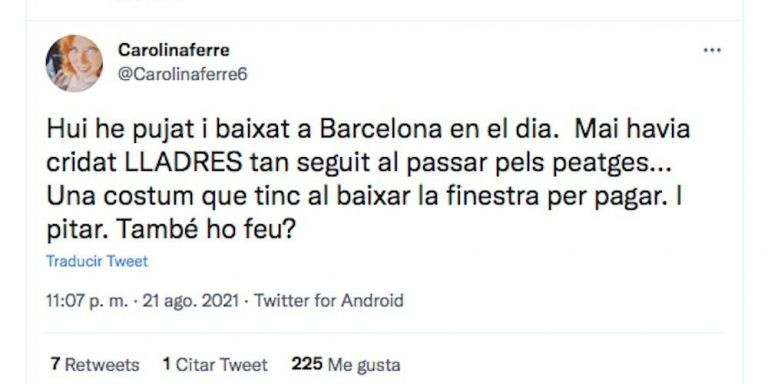 Carolina Ferre protesta contra los peajes en sus redes sociales / TWITTER