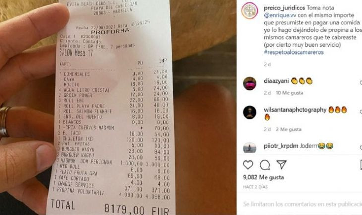 Propina de más de 4.000 euros en un restaurante de Marbella / INSTAGRAM