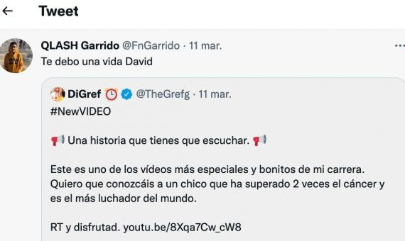 Tweet de agradecimiento de Garrido a TheGrefg / TWITTER