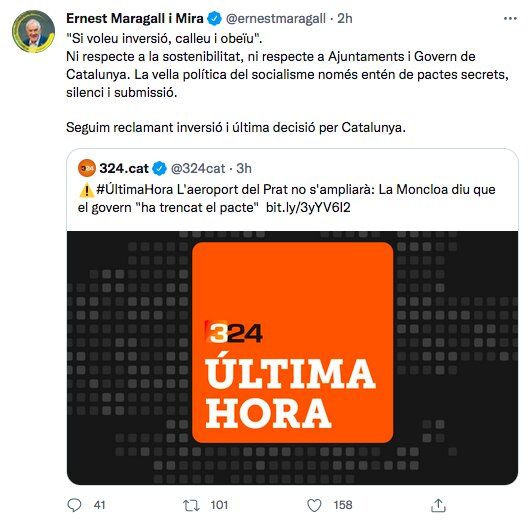 Ernest Maragall ataca a los socialistas por la decisión de no invertir en El Prat / TWITTER