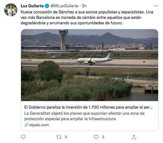 Luz Guilarte sobre la decisión del Gobierno de no ampliar El Prat / TWITTER