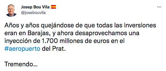 Tuit de Josep Bou sobre la no ampliación del Aeropuerto / TWITTER