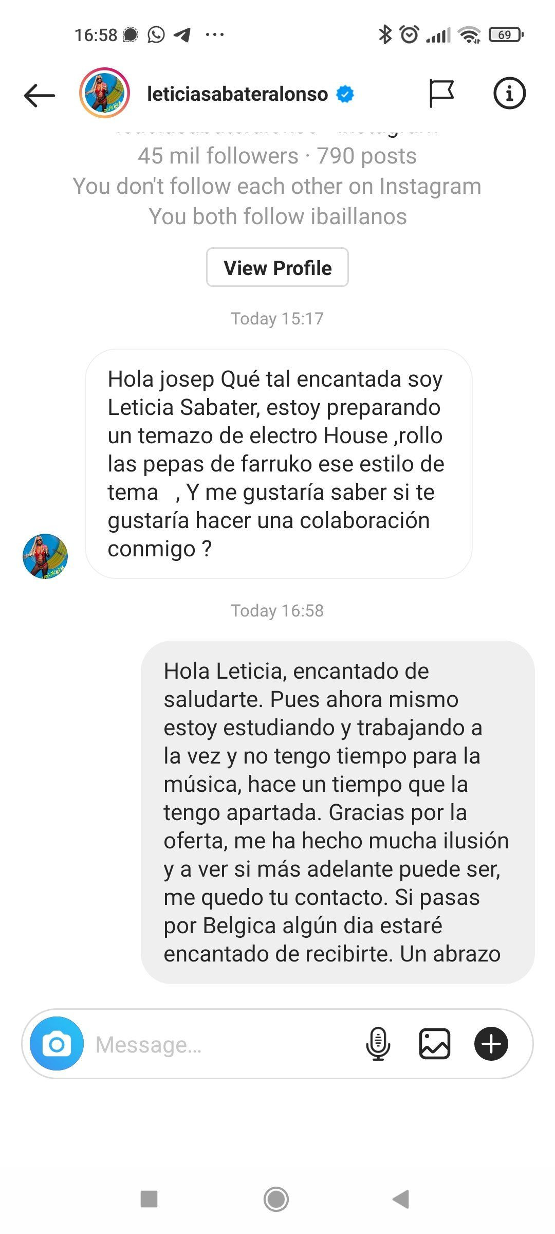 El mensaje enviado desde la cuenta de Leticia Sabater a Valtònyc / INSTAGRAM