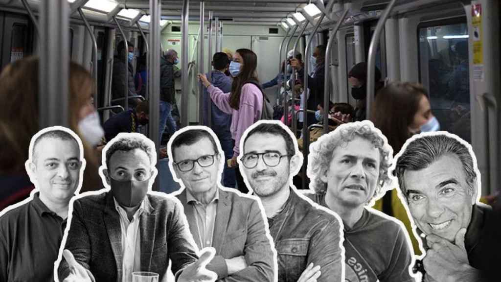 Fotomontaje con Tito Álvarez, Gabriel Jené, Albert García, Ricard Riol, Paco Narváez y Jaime Alguersuari, con un vagón de metro al fondo / FOTOMONTAJE