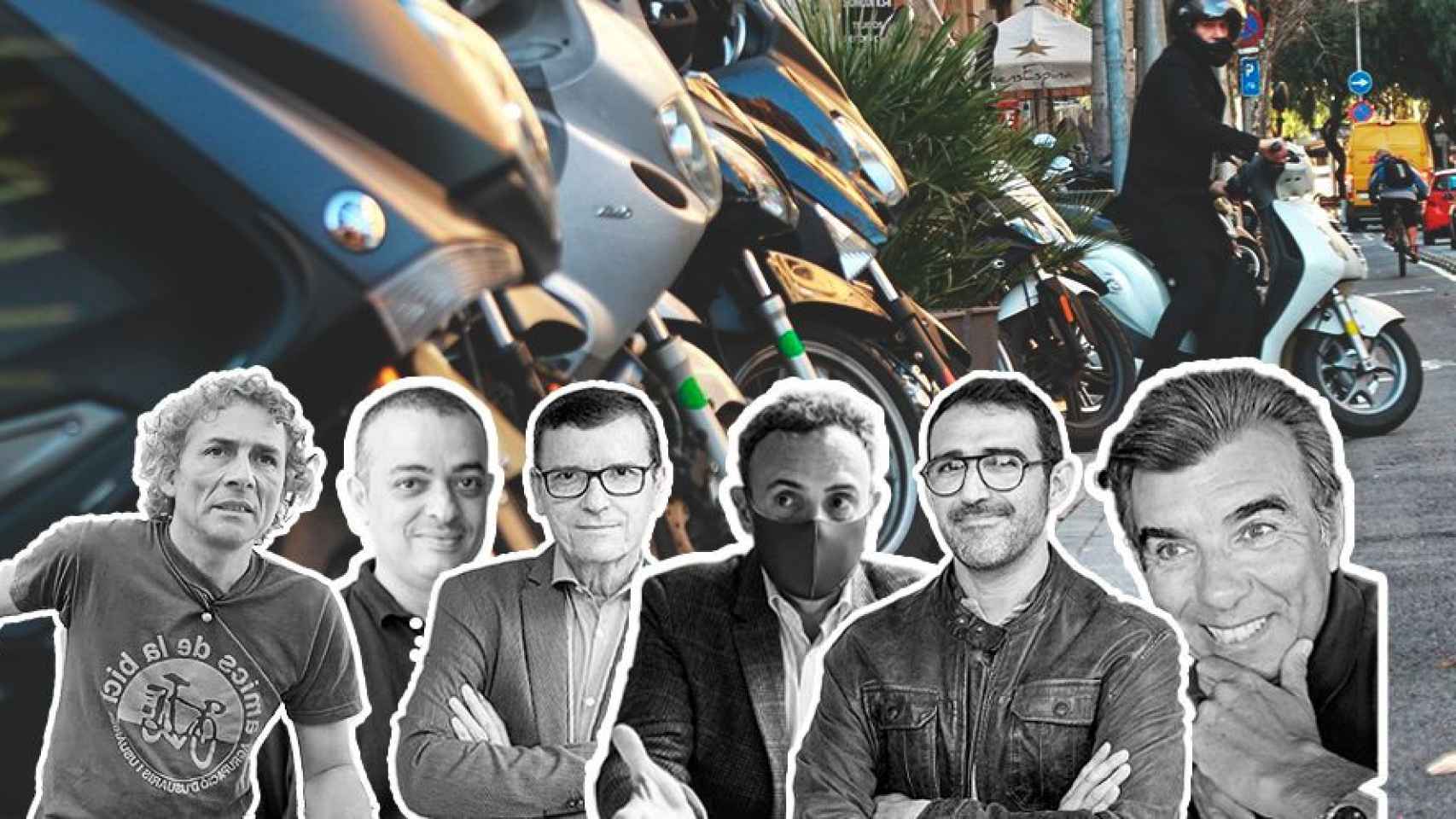 Albert García, Tito Álvarez, Paco Narváez, Gabriel Jené, Ricard Riol y Jaime Alguersuari, delante de unas motos / FOTOMONTAJE