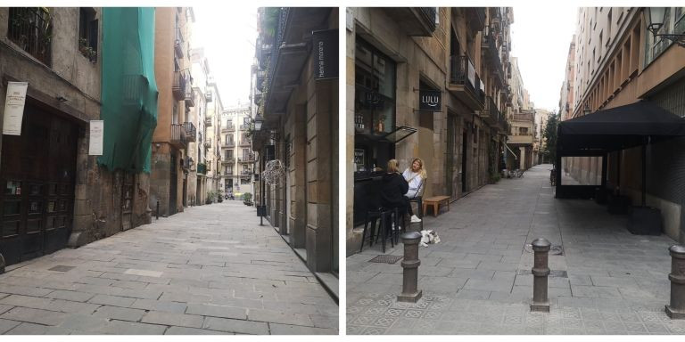 El Ayuntamiento prohíbe terrazas en la calle Esparteria (izquierda) mientras las permite en la calle Rec (derecha)