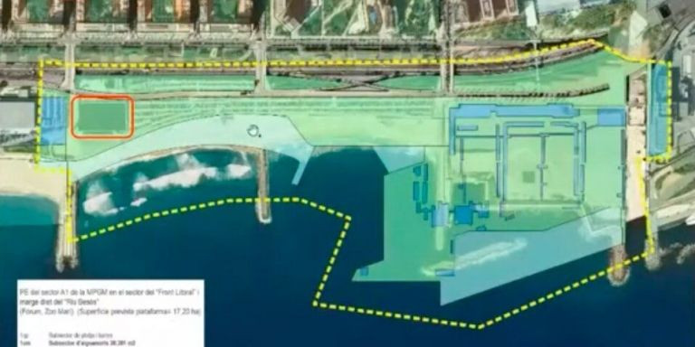 Plano de la superficie a urbanizar, con la plataforma del zoo marino a la derecha, el paseo Marítim Llevant en la parte central y
el campo de fútbol Agapito Fernández a la izquierda / AYUNTAMIENTO DE BARCELONA