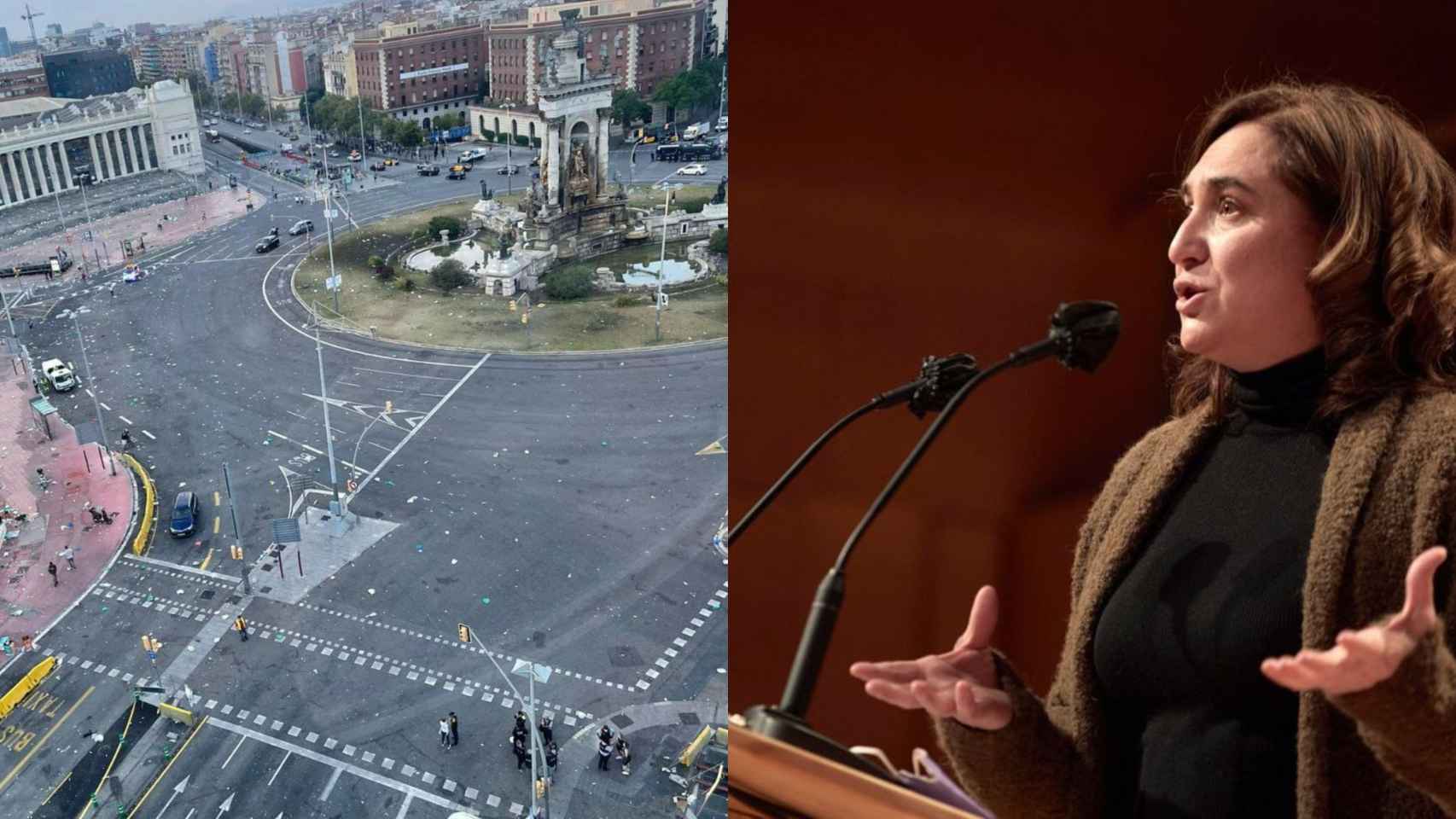 Ada Colau se desplaza a Plaza Espanya para valorar los destrozos durante las fiestas de la Mercè / ARCHIVO