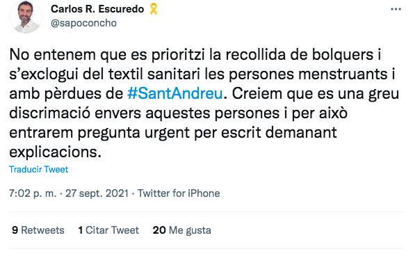 Tuit de ERC sobre los depósitos de pañales de Sant Andreu / TWITTER CARLOS R. ESCUREDO