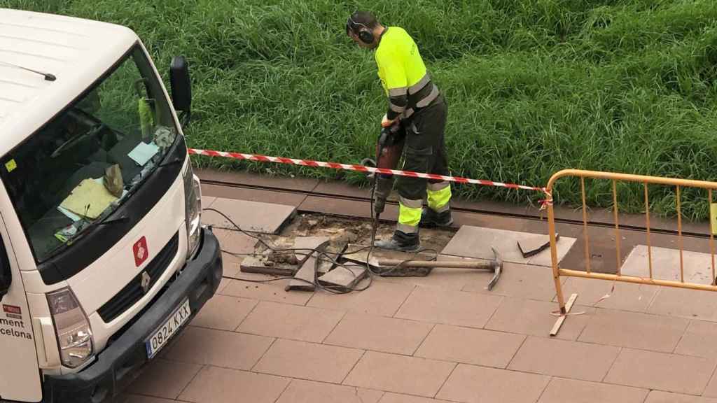 Un operario trabaja en la reparación del suelo de los jardines Josep Maria Sostres / METRÓPOLI