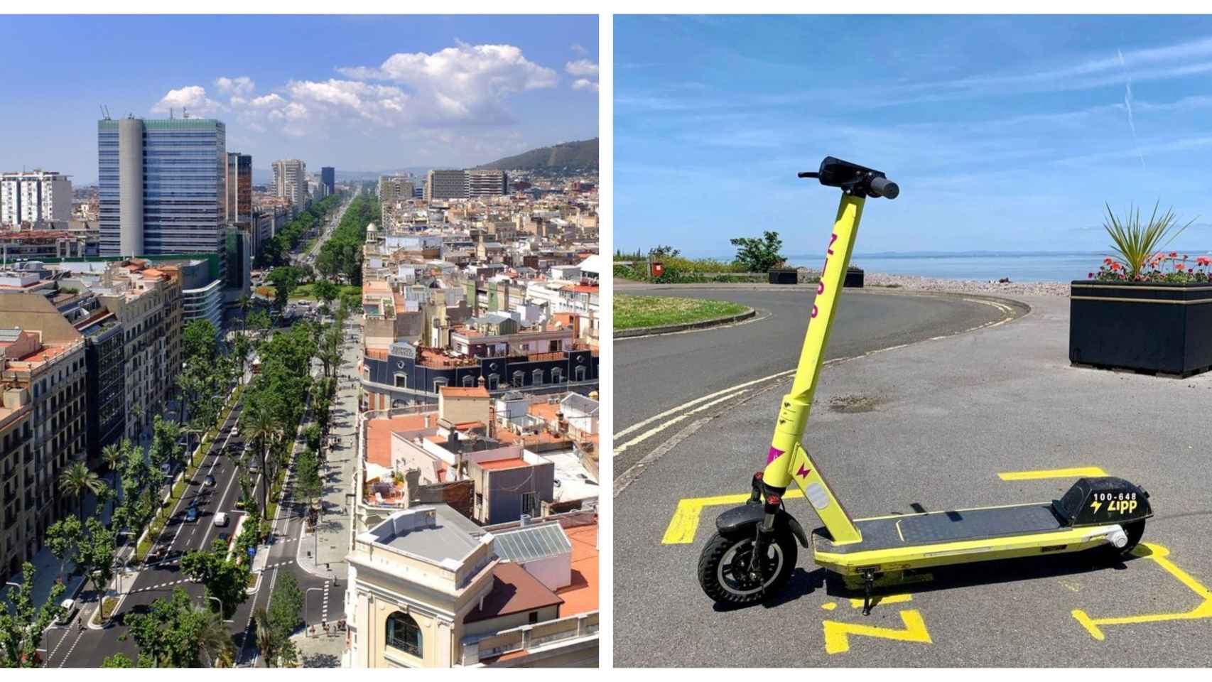 La avenida Diagonal y un patinete de Zipp estacionado en una calle de Irlanda / AGENCIAS Y ZIPP