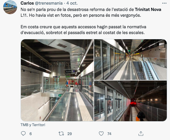 Tuit de la reforma de la L11 del metro en Trinitat Nova / TWITTER CARLOS