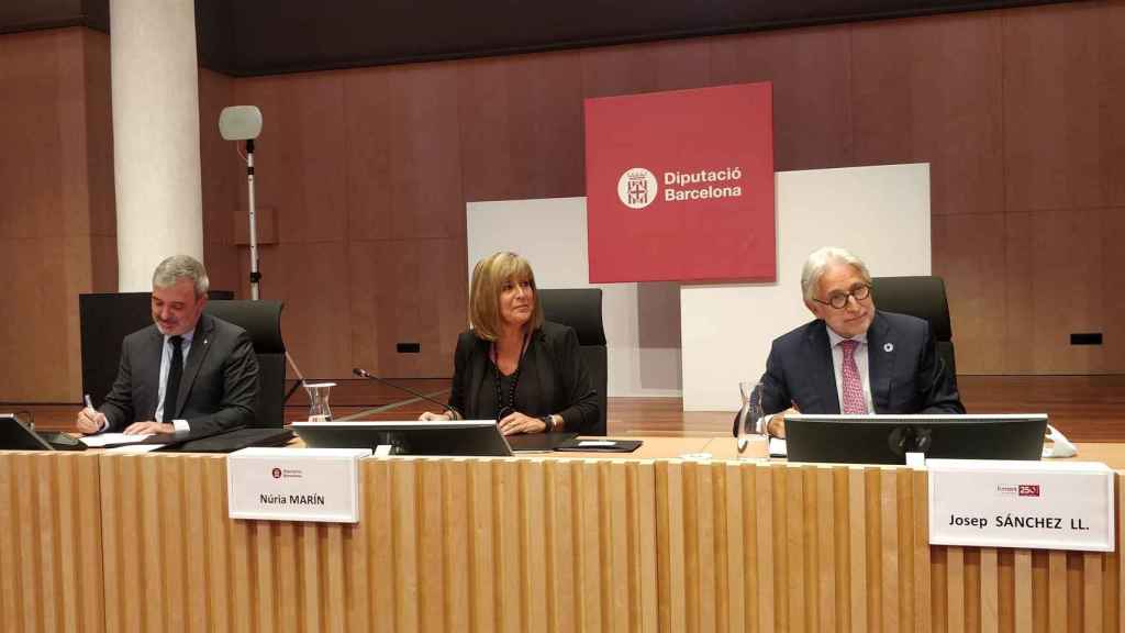 El primer teniente de alcalde de Barcelona, Jaume Collboni; la presidenta de la Diputación de Barcelona, Núria Marín, y el presidente de Foment de Treball, Josep Sánchez Llibre / EUROPA