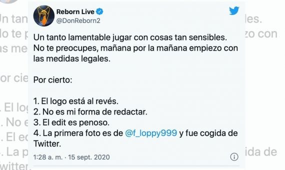 Tuit en el que Reborn responde a la acusación / TWITTER