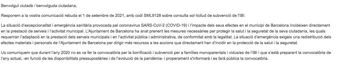 Mail del Ayuntamiento sobre la no convocatoria de las ayudas del IBI