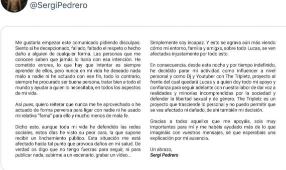 Comunicado de Pedrero en Twitter (Parte 2) / TWITTER