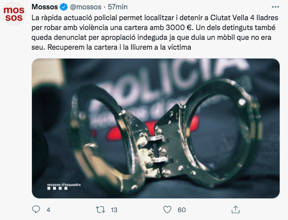 Tuit de los Mossos sobre el robo de la cartera con 3.000 euros / TWITTER MOSSOS