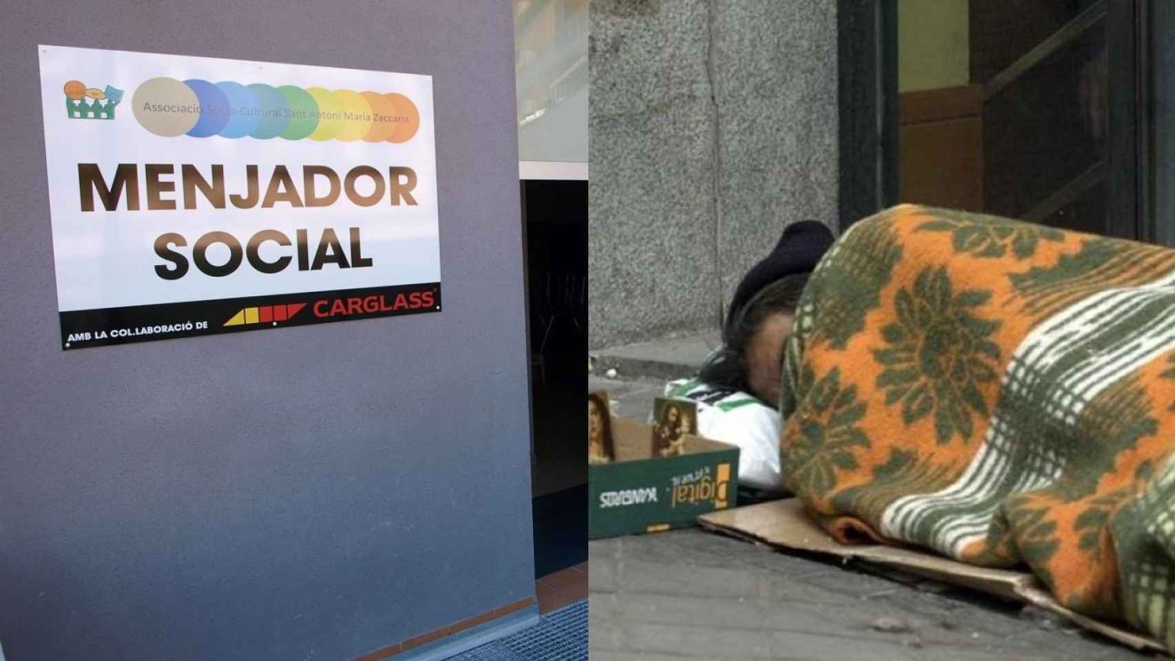 Instalaciones del antiguo comedor social de la plaza del Tèxtil de Sant Adrià y un sintecho en un fotomontaje / METRÓPOLI