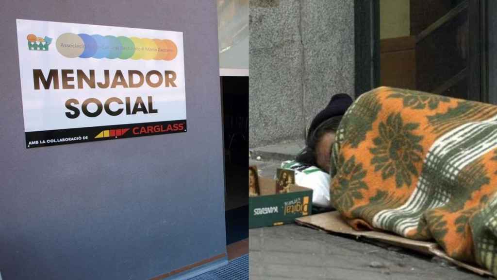 Instalaciones del antiguo comedor social de la plaza del Tèxtil de Sant Adrià y un sintecho en un fotomontaje / METRÓPOLI