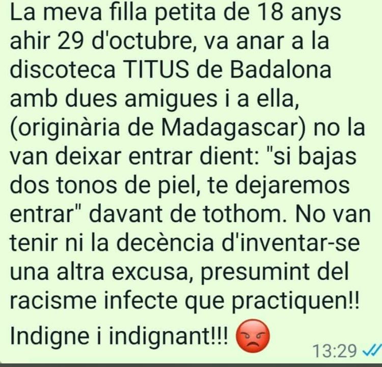 Denuncia viral de un padre sobre el supuesto caso de racismo que sufrió su hija en la discoteca Titus de Badalona / TWITTER - DOCTORMORIARTY