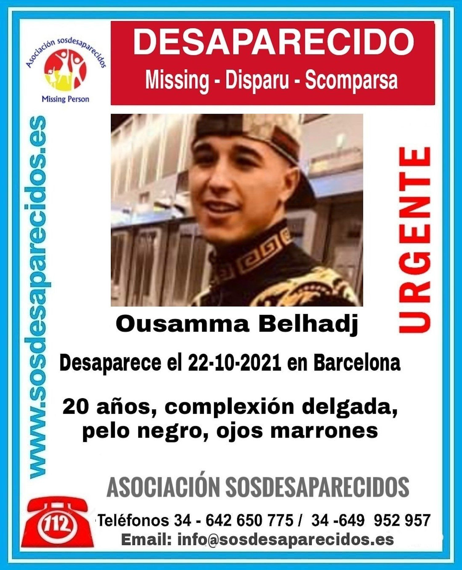 Ousamma Belhadj, el joven desaparecido
desde hace 10 días en Barcelona / SOS DESAPARECIDOS