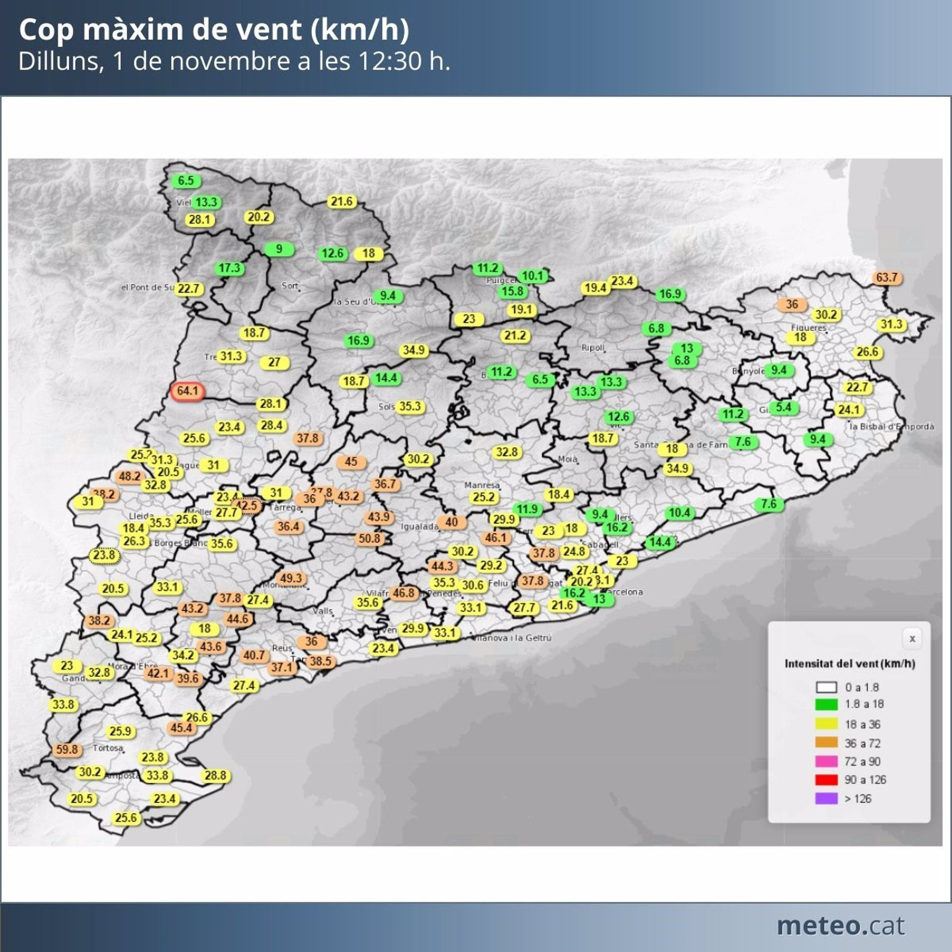 Mapa de Cataluña con las máximas de viento pronosticadas para este lunes / PROTECCIÓ CIVIL