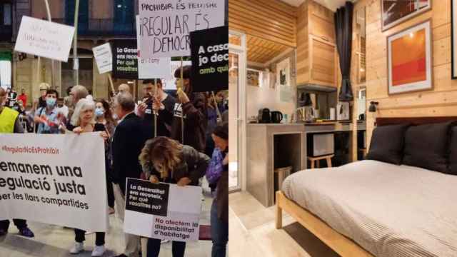 Fotomontaje de una manifestación de anfitriones del 'home sharing' y una habitación en alquiler en Barcelona / ARCHIVO - AMFICAT