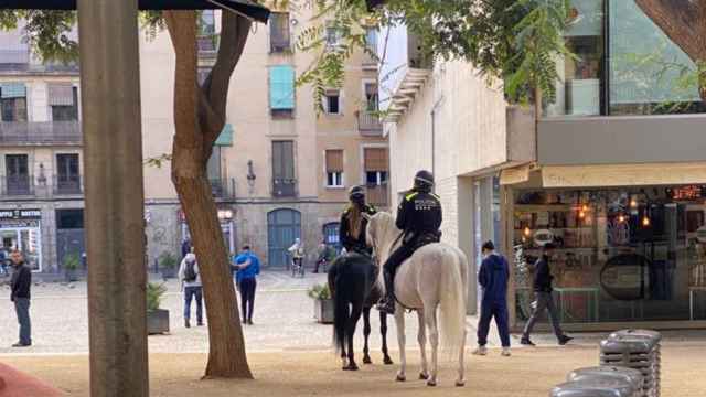 Dos agentes de la unidad montada de la Guardia Urbana delante de la Filmoteca de Catalunya este jueves / CEDIDA