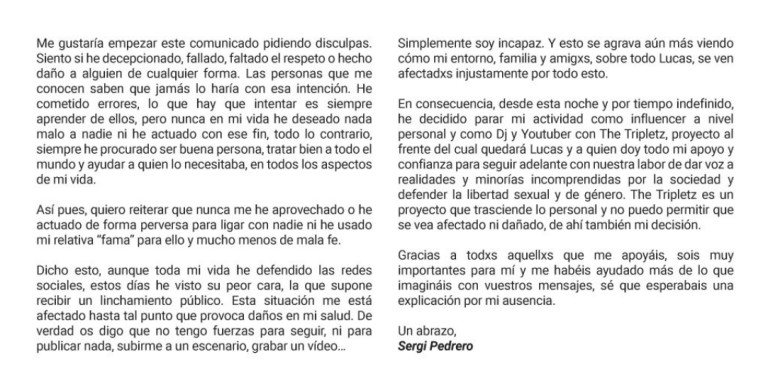 Parte del comunicado oficial de cese de actividad en redes sociales de Sergi Pedrero / RRSS