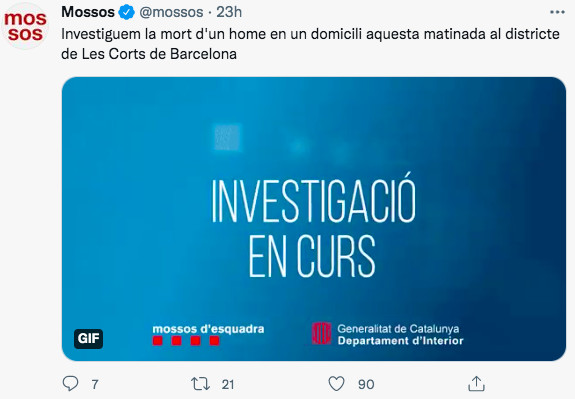 Tuit de los Mossos sobre la muerte de un anciano en Les Corts